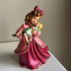 Rare Vintage Girl In Dress Holding Baby Doll Ceramic Figurine.